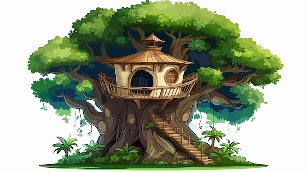 Cute Tree House Cartoon on Jungle Design