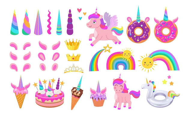 Cute trendy unicorn cartoon character vector illustrations set. Collection of horns, ears, crowns, rainbows, pink magical horse with hair on white background. Birthday, magic, imagination concept