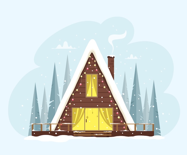 A cute triangular house among the forest decorated with lights. Festive and cozy atmosphere.  illustration in flat style. Merry Christmas.