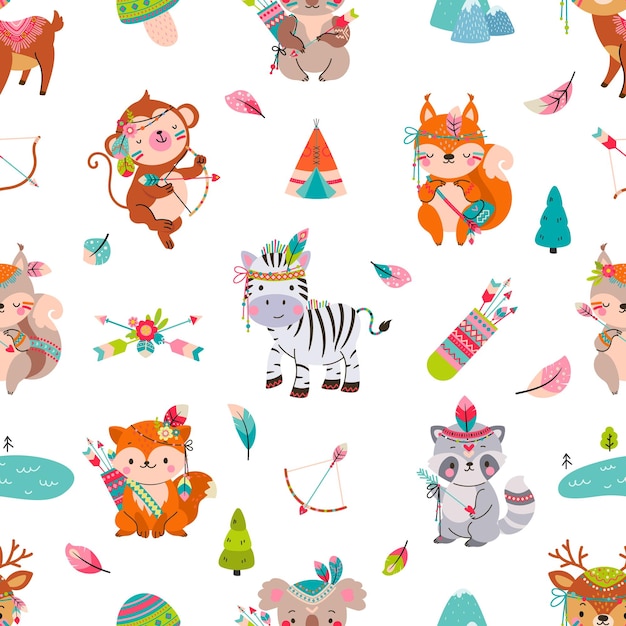 Cute tribal animal texture Woodland animals boho style baby forest characters Kids raccoon fox monkey koala print childish nowaday vector seamless pattern Illustration of boho wallpaper