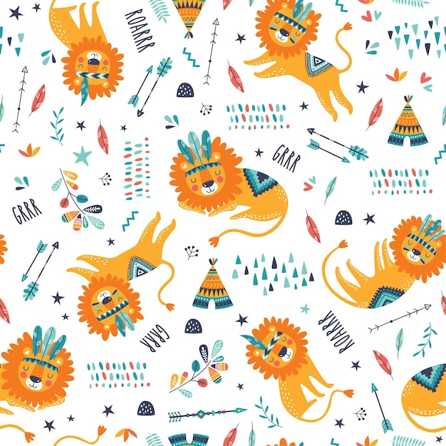 Cute tribal lions seamless pattern. Cute childish repeated texture. Cartoon lions. Template for kids fabric.