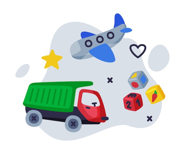 Cute Truck Airplane Cubes Baby Toys Set Kids Game Various Objects Cartoon Vector Illustration