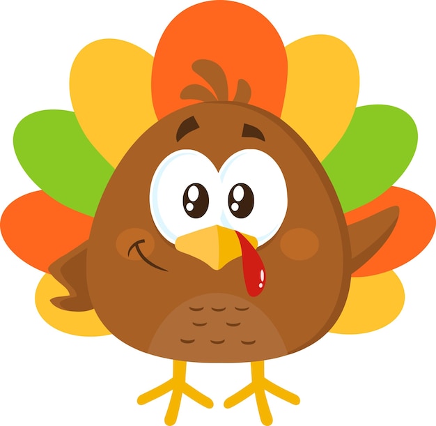 Cute Turkey Bird Cartoon Character Waving. Vector Illustration Flat Design Isolated On White