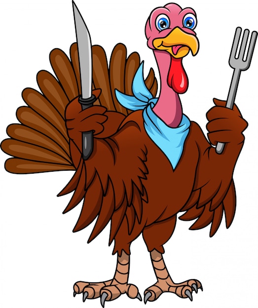 cute turkey bird cartoon holding cutlery