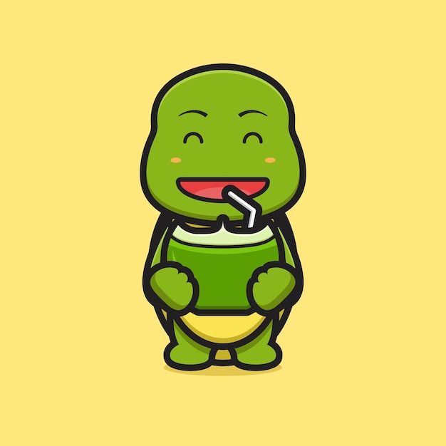 Cute turtle mascot character drink coconut cartoon vector icon illustration. Design isolated on yellow. Flat cartoon style.