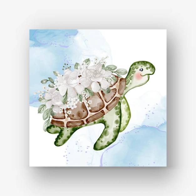 Cute turtle with flower white watercolor illustration