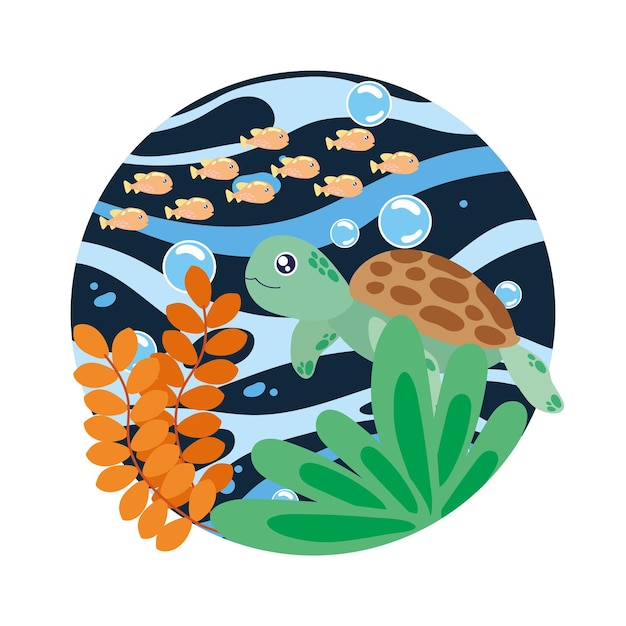 Vector cute turtle with sea creatures in ocean scene vector