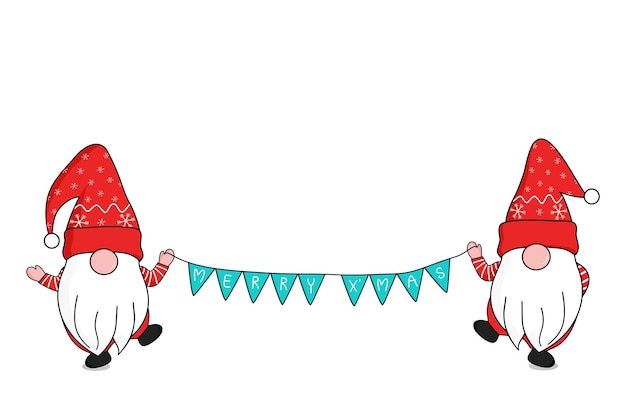 Cute two gnomes dancing in red Santa clause hat holding triangle flags together celebrate Christmas and New year. vector illustration.