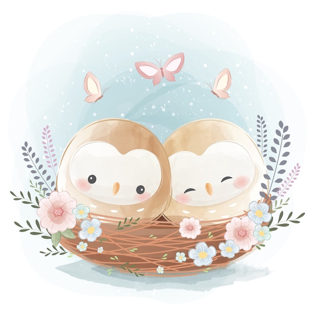 Cute Two Little Owls on a Nest