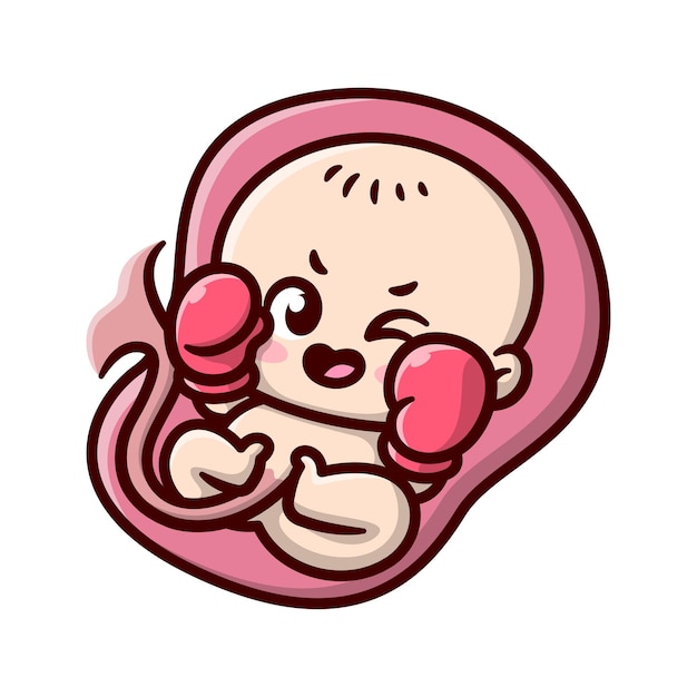 THE CUTE UNBORN BABY IS SHOWING NASTY EXPRESSIONS AND WEARING BOXING GLOVES CARTOON ILLUSTRATION