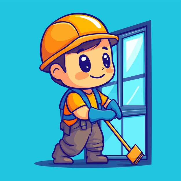 Cute Uncle Cleaning Windows Cartoon Vector