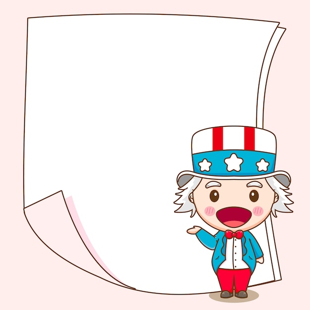 Cute Uncle Sam with blank paper behind cartoon character illustration