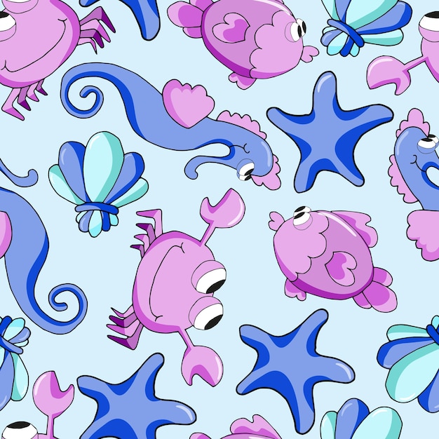 Cute underwater animals and seashells on a light blue background Childish seamless pattern