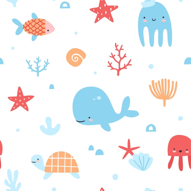 Cute underwater sea pattern Happy aquatic animals seamless vector print for kids shower