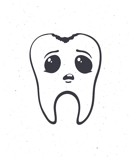 Cute unhealthy human tooth with sad eyes and caries Outline Vector illustration Dental decay