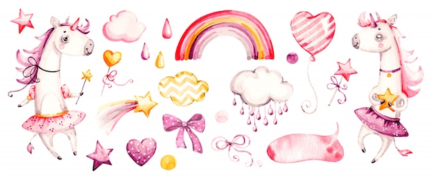 Cute unicorn baby girl. Watercolor nursery cartoon magic animals, pink clouds, rainbow. Adorable Nurseries princess set