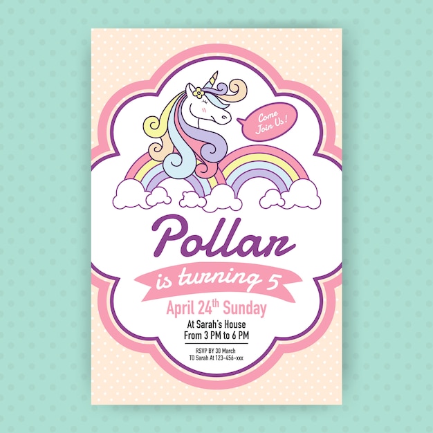 Cute unicorn birthday party invitation illustration design