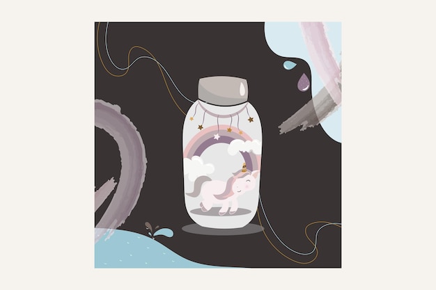 cute unicorn in the bottle cartoon illustration