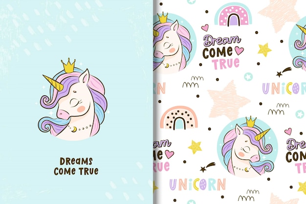 Cute unicorn card and seamless pattern kids background