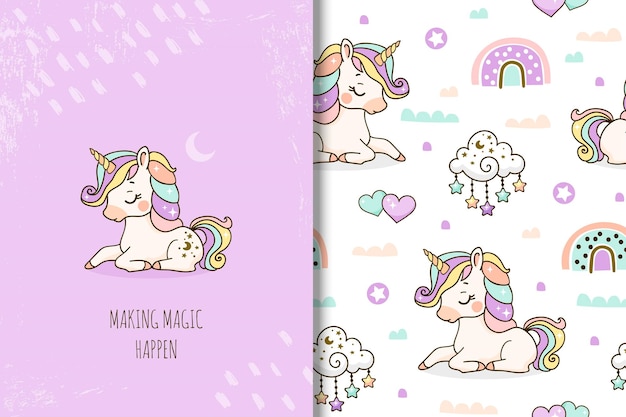 Cute unicorn card and seamless pattern kids background