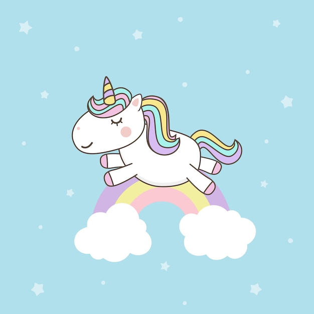 Cute Unicorn Cartoon Character vectors with pastel rainbow . Kawaii Filly Unicorn