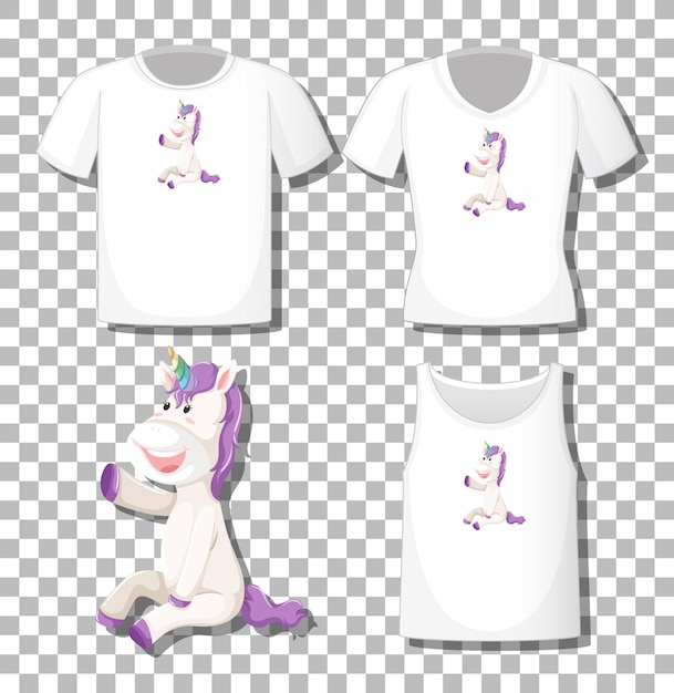 Cute unicorn cartoon character with set of different shirts isolated