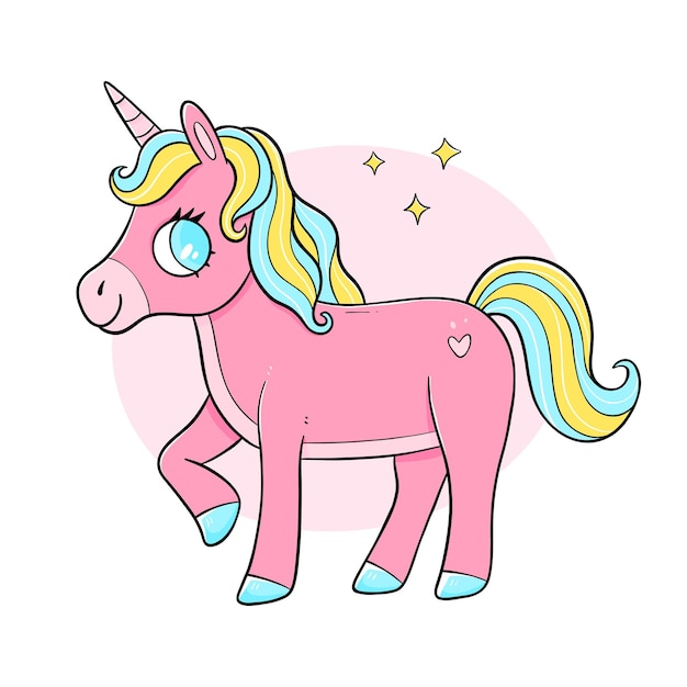 Cute unicorn in cartoon doodle style Vector horse isolated illustration