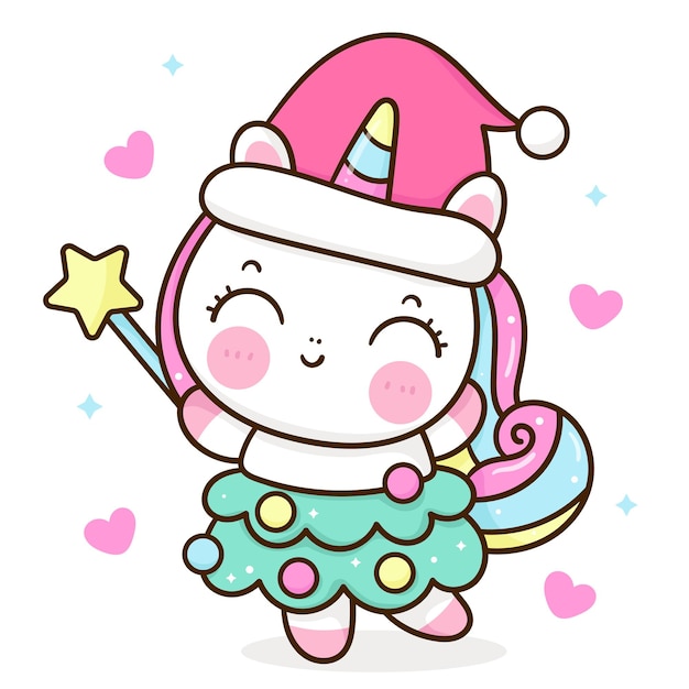 Cute unicorn cartoon holding magic wand wear santa hat kawaii animal