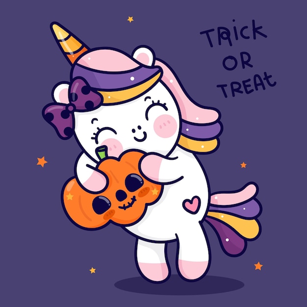 Cute unicorn cartoon hug halloween pumpkin jack o lantern kawaii animal