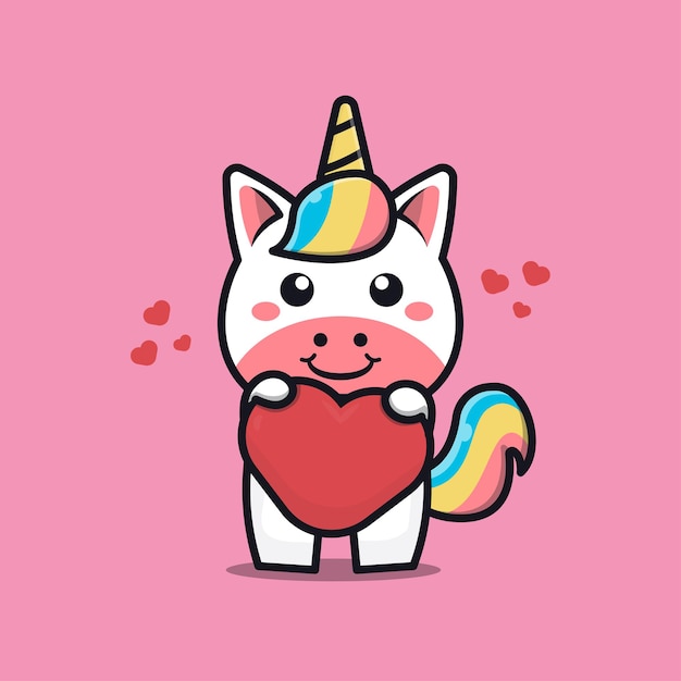 Cute unicorn cartoon hug love heart kawaii animal