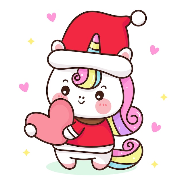 Cute Unicorn cartoon wear santa hat Christmas hug heart kawaii animal