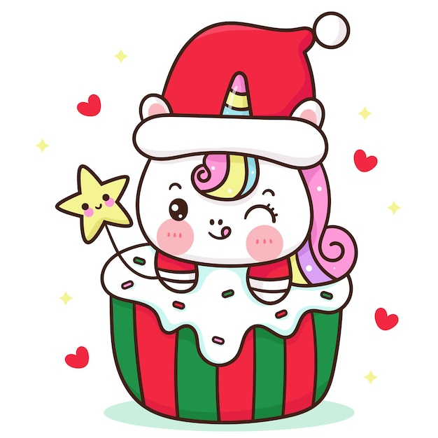 Cute Unicorn cartoon wear santa hat with Christmas cupcake