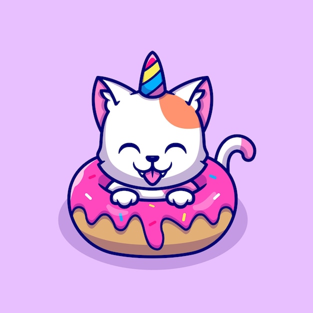 Cute Unicorn Cat With Doughnut Cartoon Character. Animal Food Isolated.