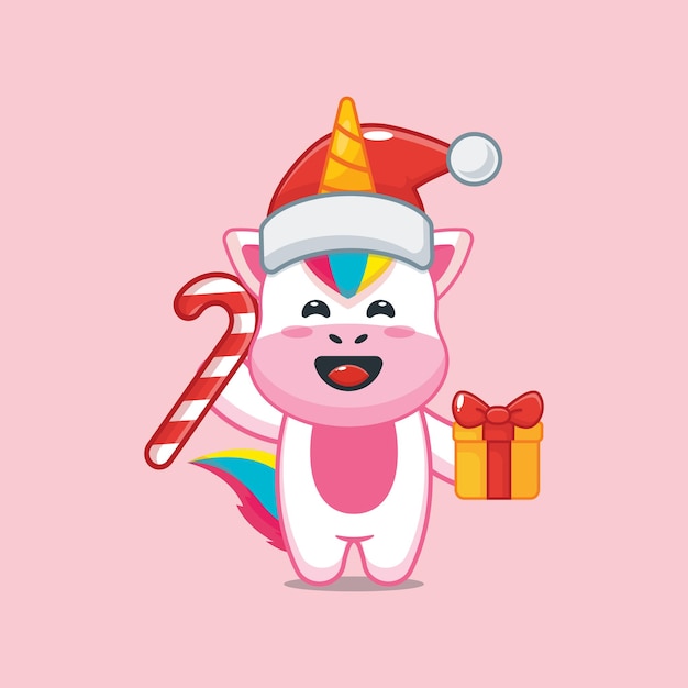 Cute unicorn in christmas day holding christmas gift and candy Cute christmas cartoon illustration