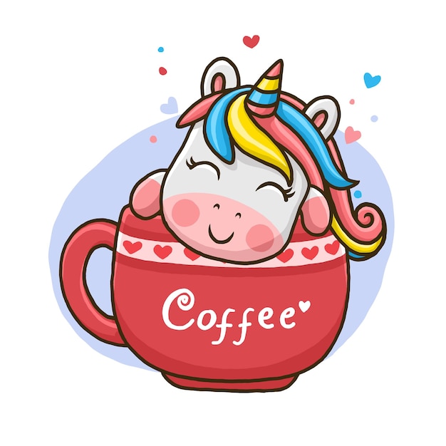 Cute unicorn in coffee cup isolated on white background.