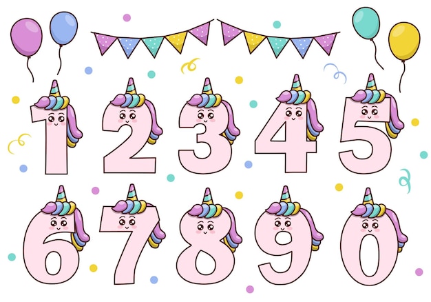 Cute unicorn collection with numbering for birthday party kid education ornament Funny font