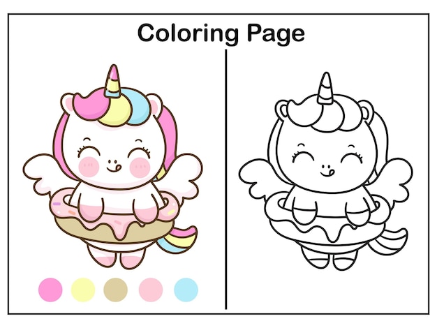 Cute Unicorn coloring and donut kawaii worksheet animal cartoon