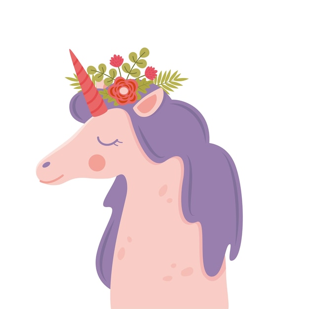 Cute unicorn face Funny character with flowers decoration Cartoon illustration