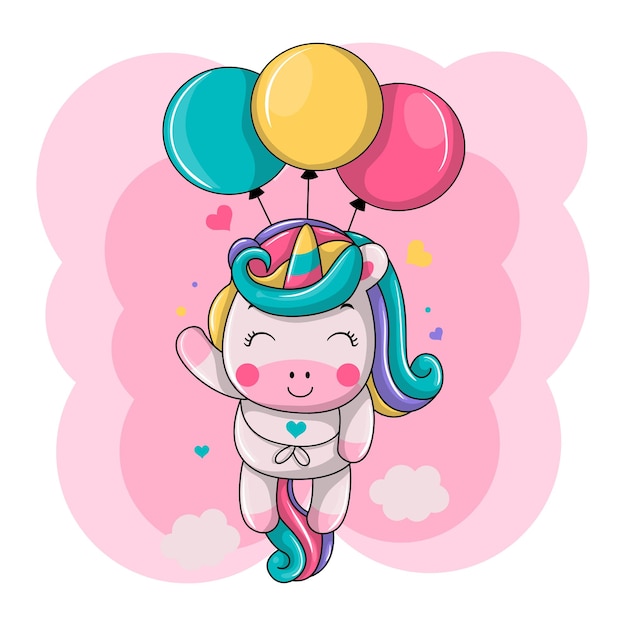 Cute unicorn floating with balloon cartoon   icon illustration