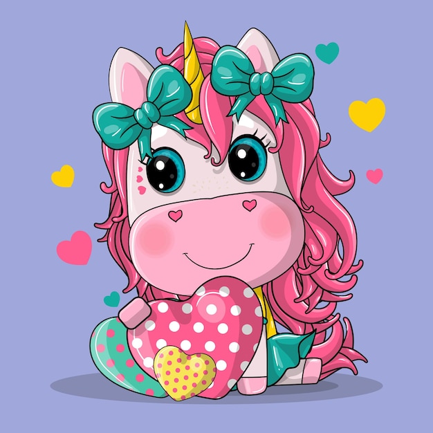 Cute unicorn girl with heart cartoon hand drawn   illustration.  