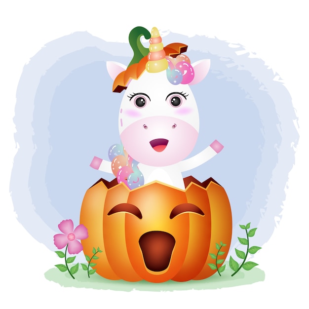 A cute unicorn in the halloween pumpkin