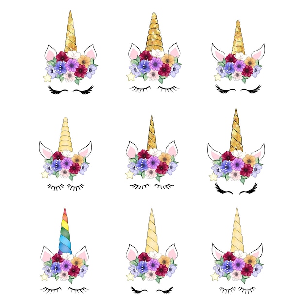 Vector cute unicorn head with flower crown