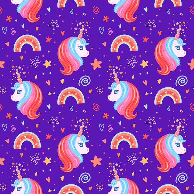 Cute unicorn heads seamless pattern with stars rainbows swirls and hearts Good pattern for wrapping paper and kids apparel