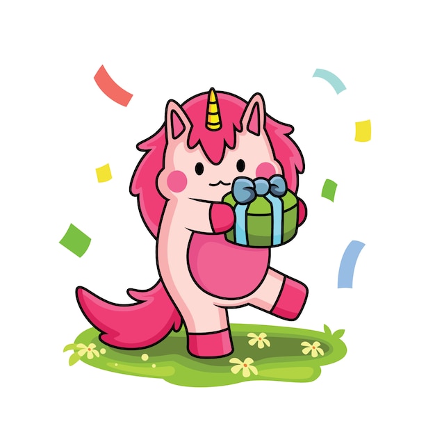 Cute unicorn holding a gift with funny expression