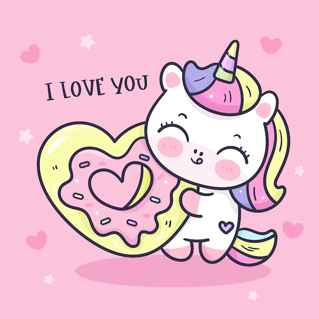 Cute Unicorn hug heart donut kawaii cartoon