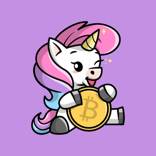 A CUTE UNICORN IS HOLDING A BIG BITCOIN AND SMILING CARTOON ILLUSTRATION