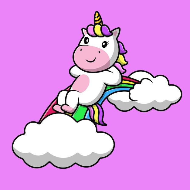 Cute Unicorn Laying On Rainbow Cloud Cartoon Vector Icons Illustration