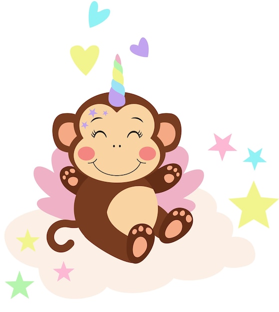 Vector cute unicorn monkey sitting on cloud