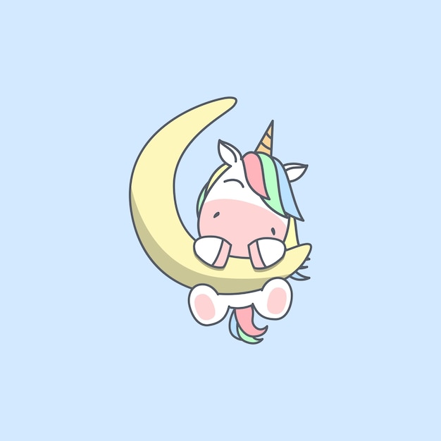 Cute unicorn on moon cartoon vector illustration