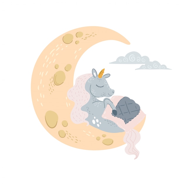 Cute unicorn napping at moon under blanket with closed eyes.